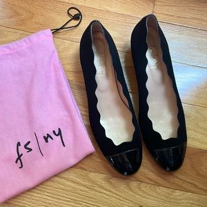 French Sole Scalloped Black Patten & Suede Wedged Heals